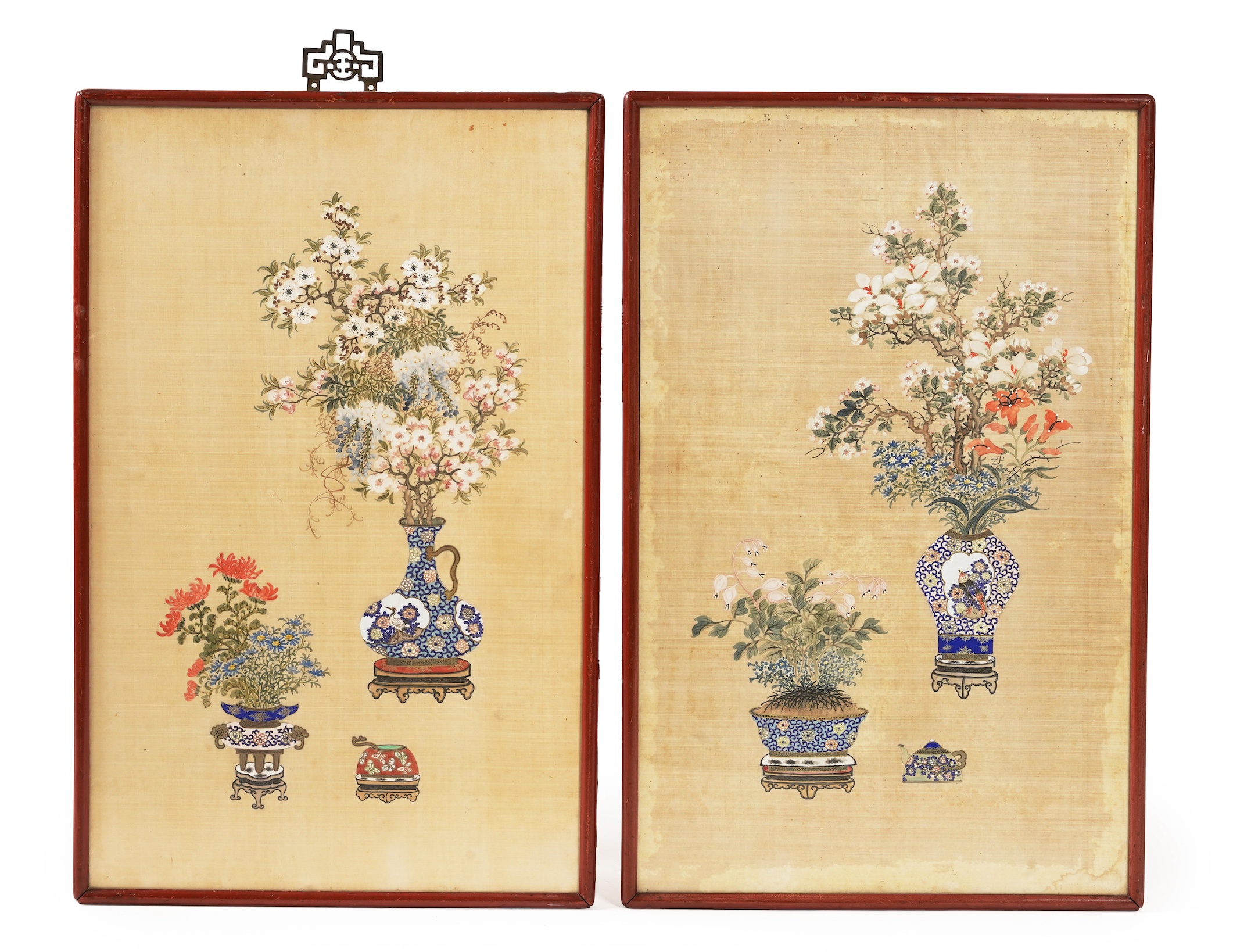 Chinese School , (Early 20th century), Antique vessels and flowers, Ink and colour on silk, 57cm x 36cm